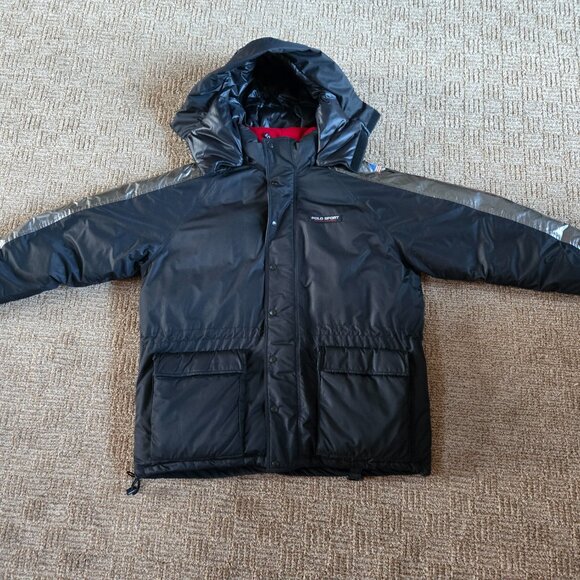 Polo Sport Men's Vintage Snowboard Jacket Black w/ Silver Striped Sleeves XL - Picture 1 of 11